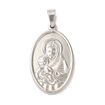 Non-Tarnish 304 Stainless Steel Pendants, Religious, Oval with Saint Charm, Stainless Steel Color, 33.5x20x3mm, Hole: 6.5x3.5mm