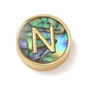 Brass Beads, with Resin Imitation Paua Shell, Flat Round, Real 14K Gold Plated, Letter N, 13.5x4mm, Hole: 1.6mm