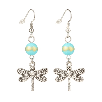 Round Natural Mashan Jade with Alloy Dragonfly Dangle Earrings, Brass Earrings for Women, Turquoise, 50mm, Pin: 0.6mm