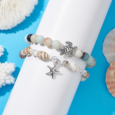 2Pcs 2 Style Natural Amazonite & Glass & Shell Stretch Bracelets with Tortoise(BJEW-JB10091-01)-2