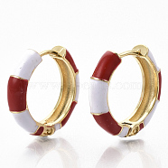 Brass Huggie Hoop Earrings, with Two Tone Enamel, Real 18K Gold Plated, Bamboo Shape, FireBrick, 23x24x6mm, Pin: 1x1.5mm(EJEW-S209-08D)