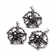 Natural Hypersthene Pendants, Flat Round with Spider Charms, with Antique Silver Color Brass Findings, 37~38x34~35x9mm, Hole: 5x4mm(KK-A173-03AS-08)