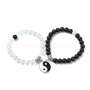 2Pcs 2 Color Synthetic Moonstone & Glass Round Beaded Stretch Bracelets Set, Magnetic Alloy Enamel Yin-yang Matching Couple Bracelets, Mixed Color, Inner Diameter: 2-1/4 inch(5.8cm), 1Pc/color(BJEW-TA00445)
