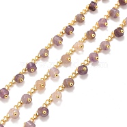 Natural Amethyst Beaded Chains, with Ion Plating(IP) Brass Chain, Long-Lasting Plated, Soldered, 3x2x0.5mm(CHC-B020-01G-10)