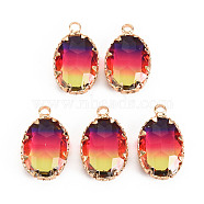 Gradient Color Glass Pendants, with Brass Prong Settings, Faceted, Oval, Light Gold, Colorful, 19x11x5.5mm, Hole: 1.6mm(GLAA-S193-006-B05)