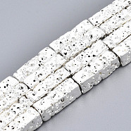 Electroplated Natural Lava Rock Beads Strands, Cuboid, Bumpy, Silver Plated, 12.5x4x4mm, Hole: 1mm, about 32pcs/strand, 15.75 inch(40cm)(G-T114-63S)