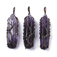 Natural Amethyst Big Wire Wrapped Pendants, with Brass Wires, prismatic with Tree of Life, Red Copper, 48~62x14~17x13~18mm, Hole: 4x5~6mm(G-T133-R02C)