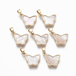 Brass Charms, with Freshwater Shell, Nickel Free, Real 18k Gold Plated, Butterfly, Seashell Color, 10.5x14x3mm, Hole: 2x4mm(X-KK-R134-033-NF)