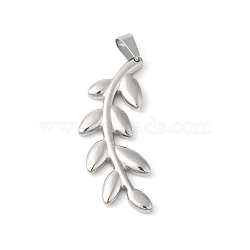 304 Stainless Steel Pendants, Leafy Branch Charms, Stainless Steel Color, 42x17x3.5mm, Hole: 7x4mm(STAS-D052-02P)