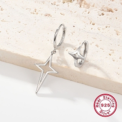 2 Pair 2 Style Rhodium Plated 925 Sterling Silver Hollow Star Dangle Hoop Earrings Sets for Women, Platinum, 12x12.5mm & 35mm, 1 Pair/style(EJEW-F317-04P)