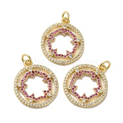 Rack Plating Brass Pave Cubic Zirconia Pendants, with Jump Ring, Lead Free & Cadmium Free, Real 18K Gold Plated, Long-Lasting Plated, Ring with Sakura Charm, Camellia, 21x18x2.5mm, Hole: 3.4mm(KK-O142-46G)
