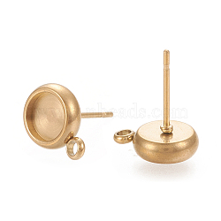 Ion Plating(IP) 304 Stainless Steel Stud Earring Findings, Flat Round, Golden, 9x6.5mm, Hole: 1.8mm, Pin: 0.7mm, Tray: 4mm(STAS-K202-04A-G)
