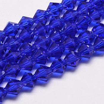Imitate Austrian Crystal Bicone Glass Beads Strands, Grade AA, Faceted, Medium Blue, 6x6mm, Hole: 1mm, about 50pcs/strand, 10.5 inch