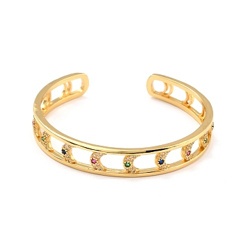 Colorful Cubic Zirconia Moon Hollow Out Cuff Bangle, Brass Wide Open Bangle for Women, Lead Free & Cadmium Free, Real 18K Gold Plated, Inner Diameter: 2-1/4 inch(5.8cm)x2-1/4 inch(5.7cm)