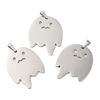 Halloween 304 Stainless Steel Pendants, Ghost Charm, Stainless Steel Color, 30x24.5x1.5mm, Hole: 6.5x3.5mm