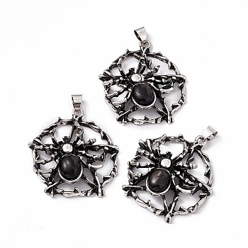Natural Hypersthene Pendants, Flat Round with Spider Charms, with Antique Silver Color Brass Findings, 37~38x34~35x9mm, Hole: 5x4mm