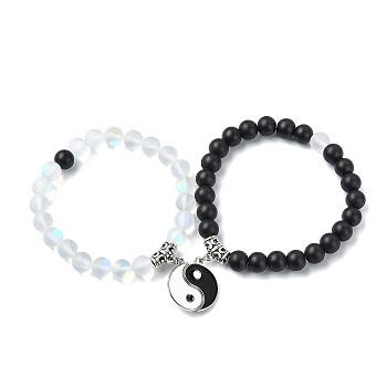 2Pcs 2 Color Synthetic Moonstone & Glass Round Beaded Stretch Bracelets Set, Magnetic Alloy Enamel Yin-yang Matching Couple Bracelets, Mixed Color, Inner Diameter: 2-1/4 inch(5.8cm), 1Pc/color