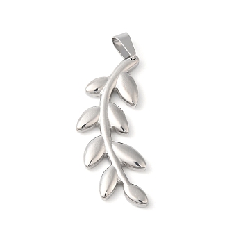 304 Stainless Steel Pendants, Leafy Branch Charms, Stainless Steel Color, 42x17x3.5mm, Hole: 7x4mm