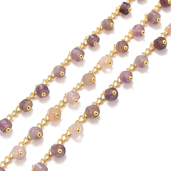 Natural Amethyst Beaded Chains, with Ion Plating(IP) Brass Chain, Long-Lasting Plated, Soldered, 3x2x0.5mm