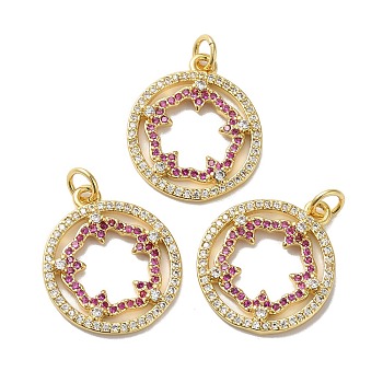 Rack Plating Brass Pave Cubic Zirconia Pendants, with Jump Ring, Lead Free & Cadmium Free, Real 18K Gold Plated, Long-Lasting Plated, Ring with Sakura Charm, Camellia, 21x18x2.5mm, Hole: 3.4mm
