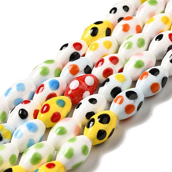 Handmade Porcelain Beads Strands, Printed, Oval with Polka Dot Pattern, Mixed Color, 8x12mm, Hole: 1.2mm, about 24pcs/strand, 11.81''(30cm)