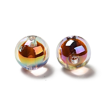 UV Plating Rainbow Iridescent Transparent Acrylic Beads, Two Tone, Round, Saddle Brown, 15.5x15mm, Hole: 2.5mm