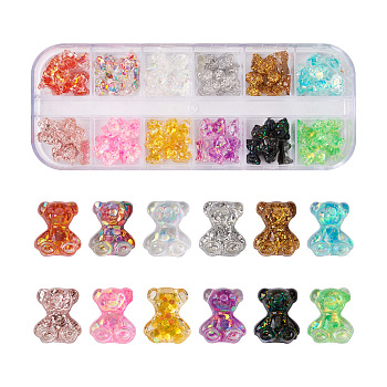 96Pcs 12 Colors Epoxy Resin Cabochons, with Glitter Powder, for Nail Art Decoration Accessories, Bear, Mixed Color, 10x8x4mm, 8pcs/color