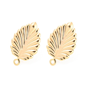 Rack Plating Brass Stud Earring Findings, with Horizontal Loops, Leaf, Real 18K Gold Plated, 19x12mm, Hole: 1.2mm, Pin: 0.8mm