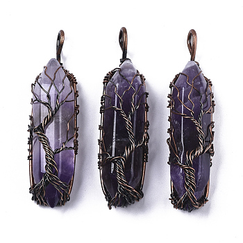 Natural Amethyst Big Wire Wrapped Pendants, with Brass Wires, prismatic with Tree of Life, Red Copper, 48~62x14~17x13~18mm, Hole: 4x5~6mm