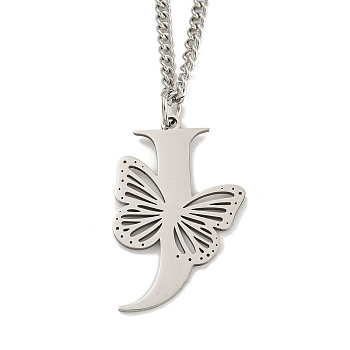 201 Stainless Steel Necklaces, Letter J, 23.74 inch(60.3cm) p: 36x23.5x1.3mm