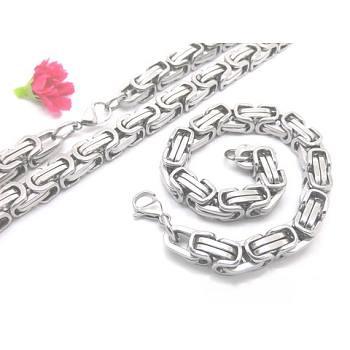 201 Stainless Steel Byzantine Chain Bracelet & Necklace Jewelry Sets, 230x8x8.5mm, 27.6 inch