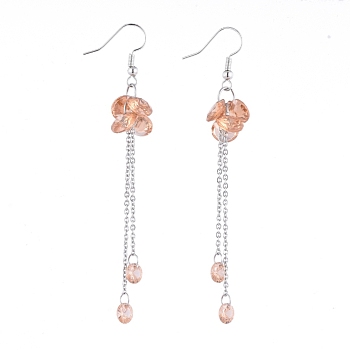 Dangle Earrings, Cluster Earrings, with Cubic Zirconia Charms, Brass Earring Hooks and 304 Stainless Steel Cable Chains, PeachPuff, 85mm