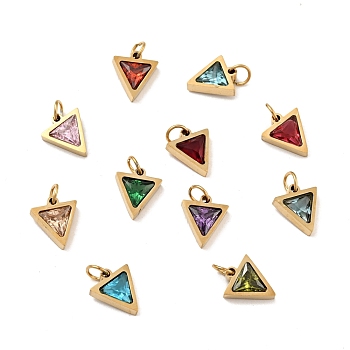 Vacuum Plating 304 Stainless Steel Pendants, with Cubic Zirconia and Jump Rings, Single Stone Charms, Triangle, Golden, Mixed Color, 11x9.5x3mm, Hole: 3.6mm