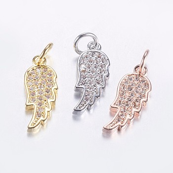 Long-Lasting Plated Brass Micro Pave Cubic Zirconia Pendants, Feather, Mixed Color, 16x6.5x1.5mm, Hole: 3mm