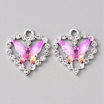 Platinum Alloy Rhinestone Pendants, with Resin, Heart with Butterfly Charms, Deep Pink, 22x20x4~4.5mm, Hole: 2.5mm(FIND-TAC0008-69P-03)