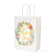 Gold Stamping Rectangle Paper Bags, with Handle, for Gift Bags and Shopping Bags, Word Thank you, Floral Pattern, 14.9x8.1x21cm(CARB-B002-01B)