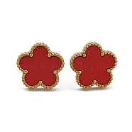 Ion Plating(IP) Flower Golden 304 Stainless Steel Stud Earrings, with Resin, Dark Red, 12.5x12.5mm(EJEW-H129-03G-02A)