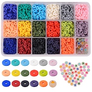 173.4g 17 Colors Handmade Polymer Clay Beads, Heishi Beads, with 30Pcs Brass Flat Round Spacer Beads, 30Pcs Brass Round Beads, 50Pcs Flat Round with Heart Acrylic Beads, Mixed Color, Polymer Clay Beads: 6x1mm, Hole: 2mm, about 239pcs/10.2g, about 10.2g/color(CLAY-SZ0001-66)
