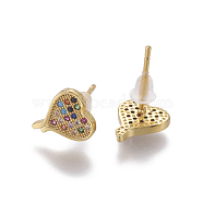 Brass Cubic Zirconia Stud Earrings, Heart, Colorful, Golden, 10x8x1.5mm, Pim: 0.8mm(EJEW-E239-03G)