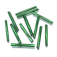 Opaque Glass Twisted Bugle Beads, Round Hole, Green Plated, 25~26x2.5mm, Hole: 1mm, about 1500pcs/bag(SEED-T005-15-B04)