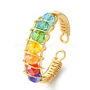 Colorful Glass Braided Bead Open Cuff Ring, Brass Wire Wrap Jewelry for Women, Light Gold, US Size 9(18.9mm)(RJEW-TA00051)