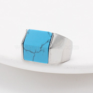 Rectangle Synthetic Turquoise Finger Ring, Stainless Steel Color Titanium Steel Jewelry, Stainless Steel Color, US Size 10 1/4(19.9mm)(FIND-PW0021-08D-P)