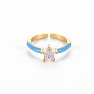 Brass Enamel Cuff Rings, Open Rings, Solitaire Rings, with Clear Cubic Zirconia, Nickel Free, Star, Golden, Dodger Blue, US Size 7(17.3mm)(RJEW-T016-30F-NF)