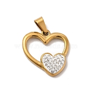 Vacuum Plating 201 Stainless Steel Pendants, Polymer Clay Rhinestone Heart Charms, Golden, 22x21x3mm, Hole: 7x3.5mm(STAS-K250-23)