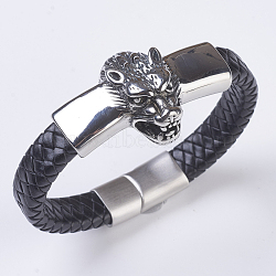 Men's Braided Leather Cord Bracelets, with 304 Stainless Steel Findings and Matte Magnetic Clasps, Wolf Head, Black, 8-1/4 inch~8-5/8 inch(210~220mm)(BJEW-P194-17B)