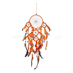 Handmade Round Polyester Woven Net/Web with Feather Wall Hanging Decoration, with Iron & Plastic Rings, Flocking Cloth & ABS Beads, for Home Offices Amulet Ornament, Dark Orange, 690mm(HJEW-G015-01)