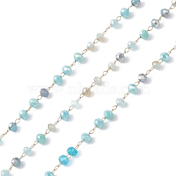 Handmade Glass Beaded Chains, Faceted, Unwelded, with 304 Stainless Steel Chains, Golden, Round, Medium Turquoise, 3x2.5mm(CHS-P016-46G-07)