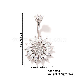 Chic Flower Brass Full Crystal Rhinestone Curved Barbell Belly Button Rings with Shiny Delicate Design, Platinum, 33x19mm(YW9589-2)