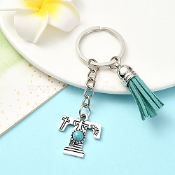 Alloy with Resin Imitation Synthetic Turquoise Keychain, with Tassel Pendant and Iron Rings, Letter T, 8cm, Pendant: 25~35mm(KEYC-YW00087-20)