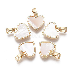 Brass Charms, with Freshwater Shell, Nickel Free, Real 18k Gold Plated, Heart, Seashell Color, 12x11.5x3mm, Hole: 2x4mm(X-KK-R134-053-NF)